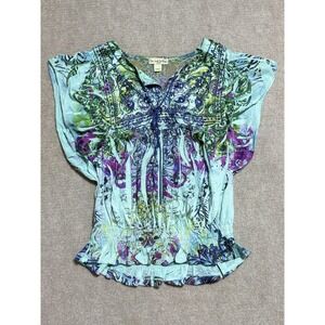 Live and Let Live Blouse‎ Womens Petite Small Blue Green Sheer Lace Boho Top PS